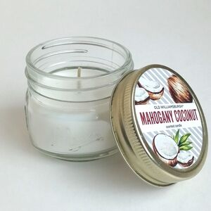 Old Williamsburg Mahogany Coconut Scented Jar Candle in Mini Mason Jar White